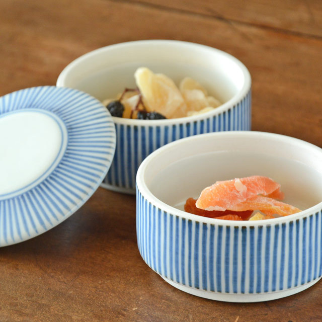和食器・砥部焼 とくさ柄の二段ふた物(小)