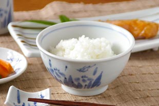 砥部焼・森陶房 あやめの茶碗にご飯をよそって
