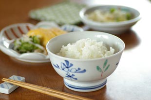 砥部焼・陶房遊 花ちらしの茶碗(小)にごはんをよそって